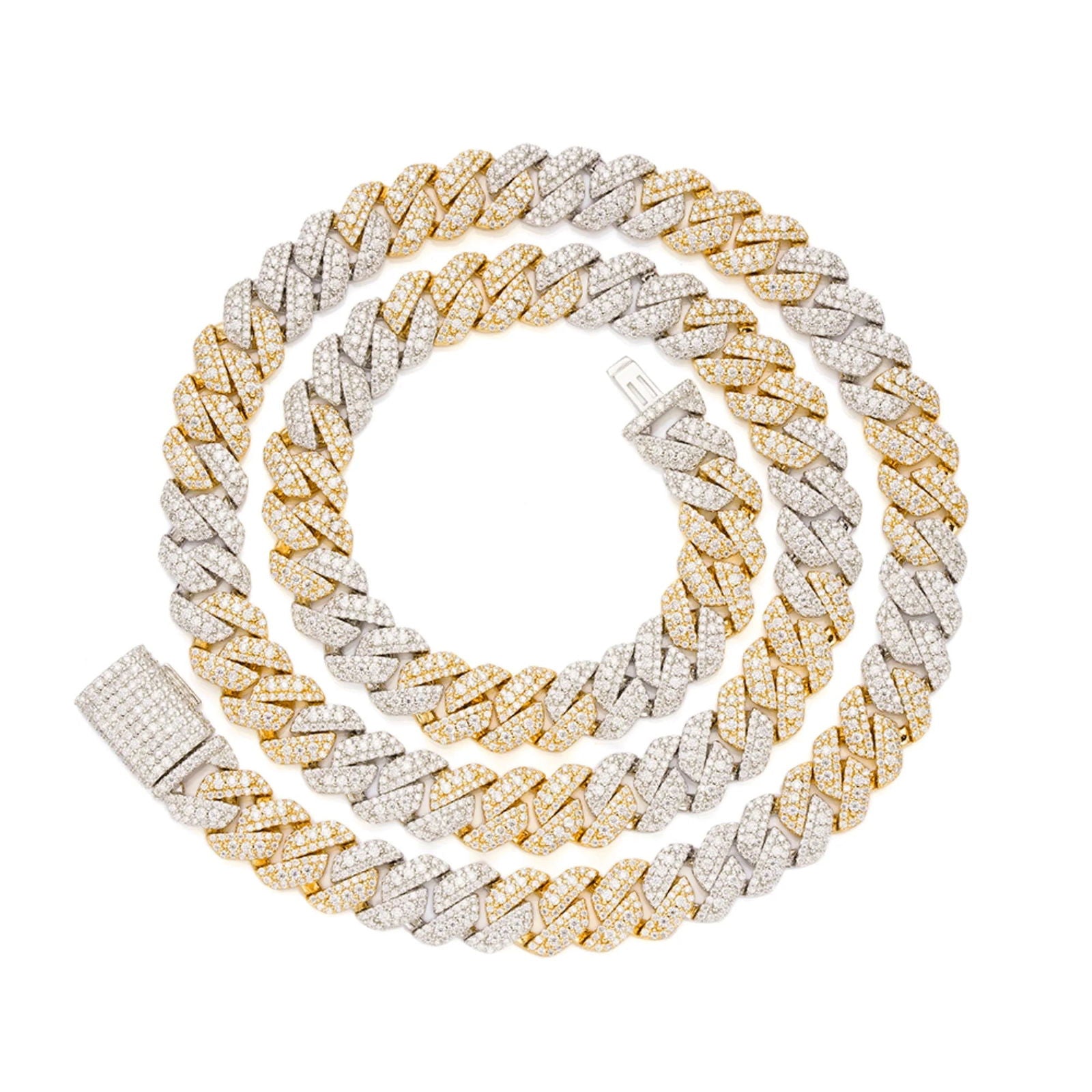 MOISSANITE Cuban Link Necklace 10mm 2 Tone Gold 925 Sterling Silver 22" Chain - Master of Bling